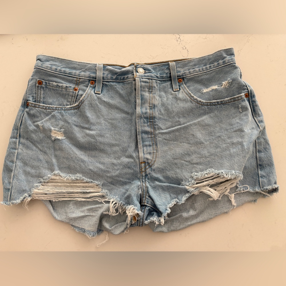 Distressed Light Blue Denim Shorts